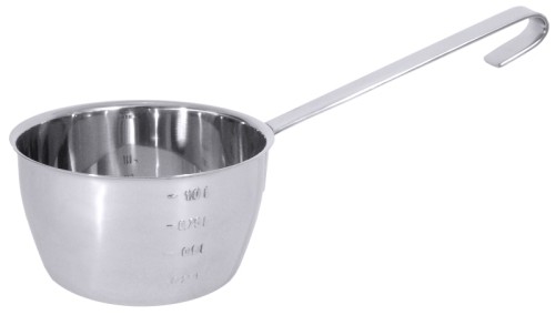 Schöpfer, graduiert aus Edelstahl 18/10, hochglänzend, abgeflachter Boden, mit Schüttrand und Hakengriff, extra schwere Qualität