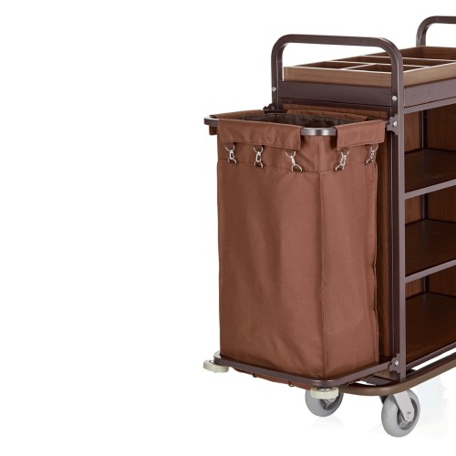 Ersatzwäschesack. 2 Türen, 2 schwenkbare Rollen à Ø 15cm mit Feststeller und 2 Bockrollen. Seiten- und Rückwand aus furniertem Holz. 3