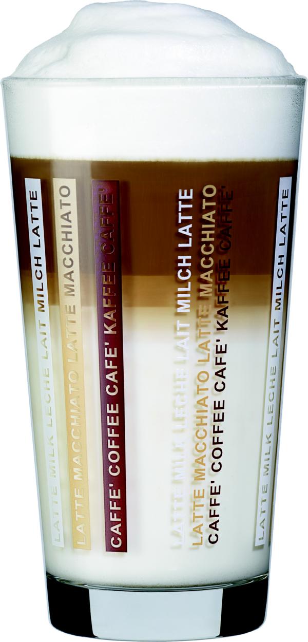 Kaffee-Glas LINES, Inhalt 0,37 Liter, Höhe: 143 mm, Durchmesser: 78 mm, mit Druck, spülmaschinengeeignet,