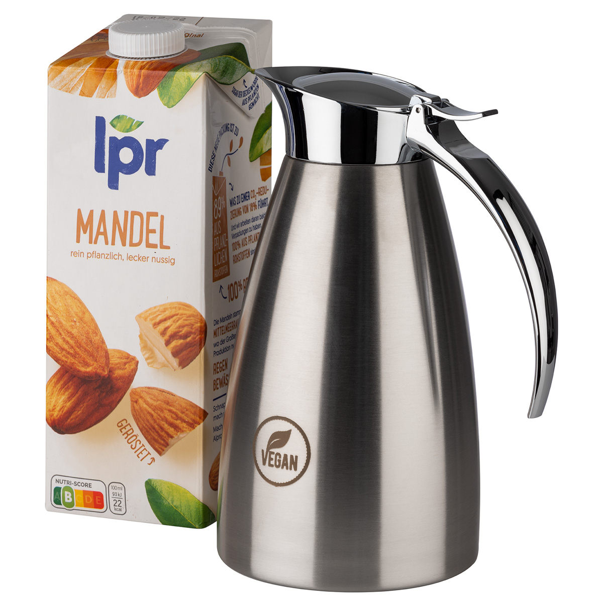 Isolierkanne -ADVANCED-, Ø 13 cm, H: 19,5 cm, 1 Liter, Edelstahl, mattiert, doppelwandig, Einhandautomatik, für 8 Tassen, Gravur: VEGAN