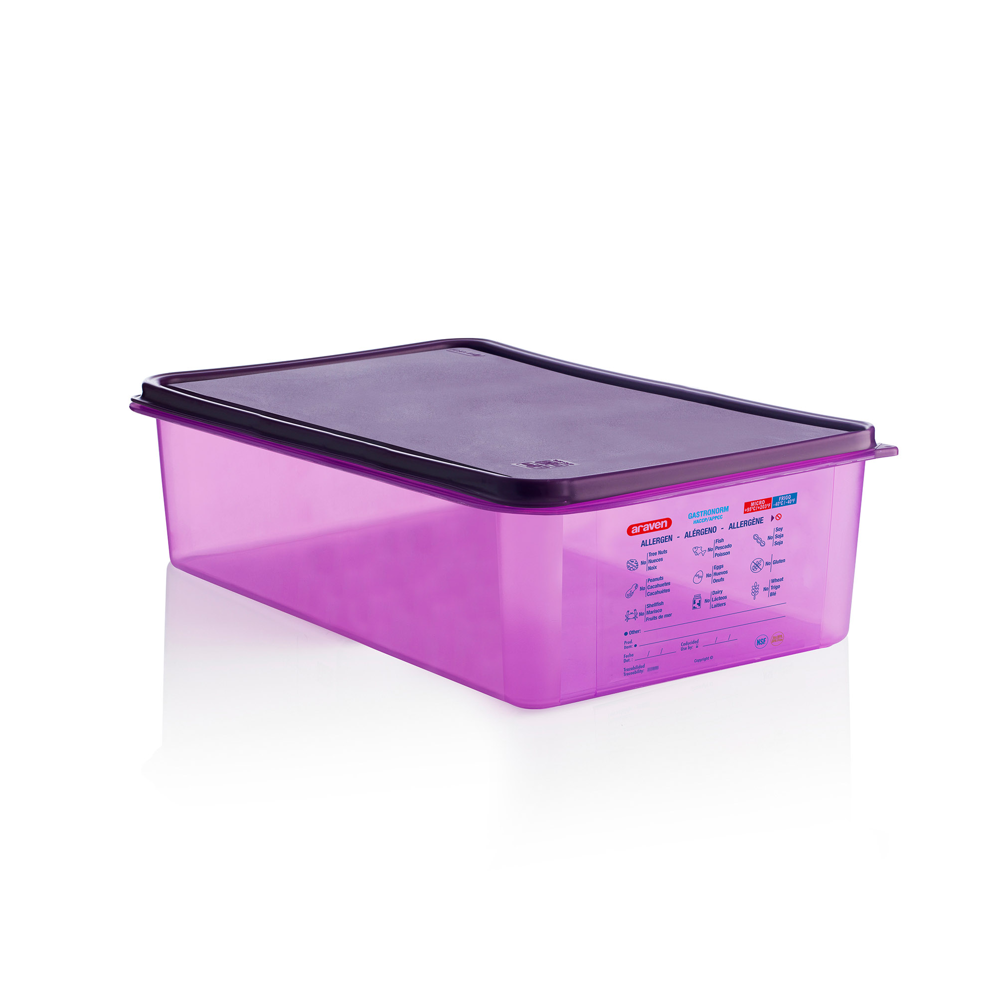 ARAVEN antiallergener luftdichter Polypropylen Behälter GN 1/1 150mm Höhe und 10 Liter Fassungsvermögen, lila