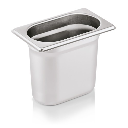 GN 1/9 Behälter, Materialstärke 0,6 mm. Material: Chromnickelstahl. Serie: GN 70. Inhalt in Litern: 1,5. Maße: Höhe: 150 mm