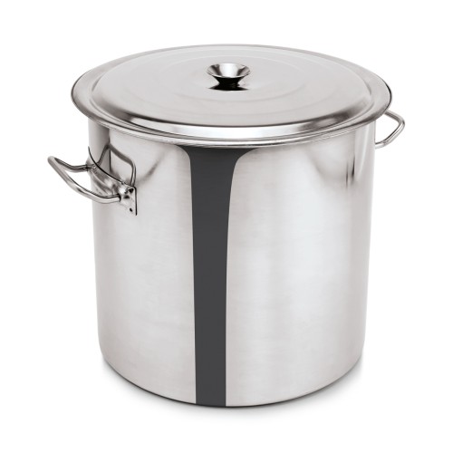Abfallbehälter, mit Deckel und Seitengriffen. Material: Chromnickelstahl. Inhalt in Litern: 100. Durchmesser: 50 cm. Maße: Höhe: 515 mm