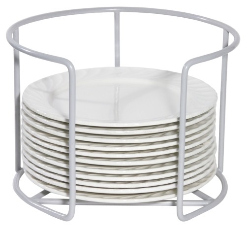 Tellerhalter, niedrig aus hellgrauem, kunststoffummanteltem Stahldraht, angepasst für zwei Stapel in einem flachen Transportkasten 60 x