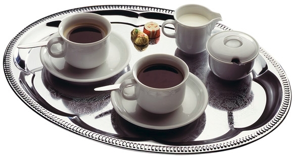 Partyplatte, oval 46 x 34 cm, Metall vernickelt und glanzverchromt Rand eingerollt nicht spülmaschinengeeignet stapelbar