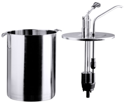 Runder Dispenser/ Dosierspender ganz aus Edelstahl 18/10, selbstansaugende Pumpe, einstellbare Dosiermenge, schwenkbarer