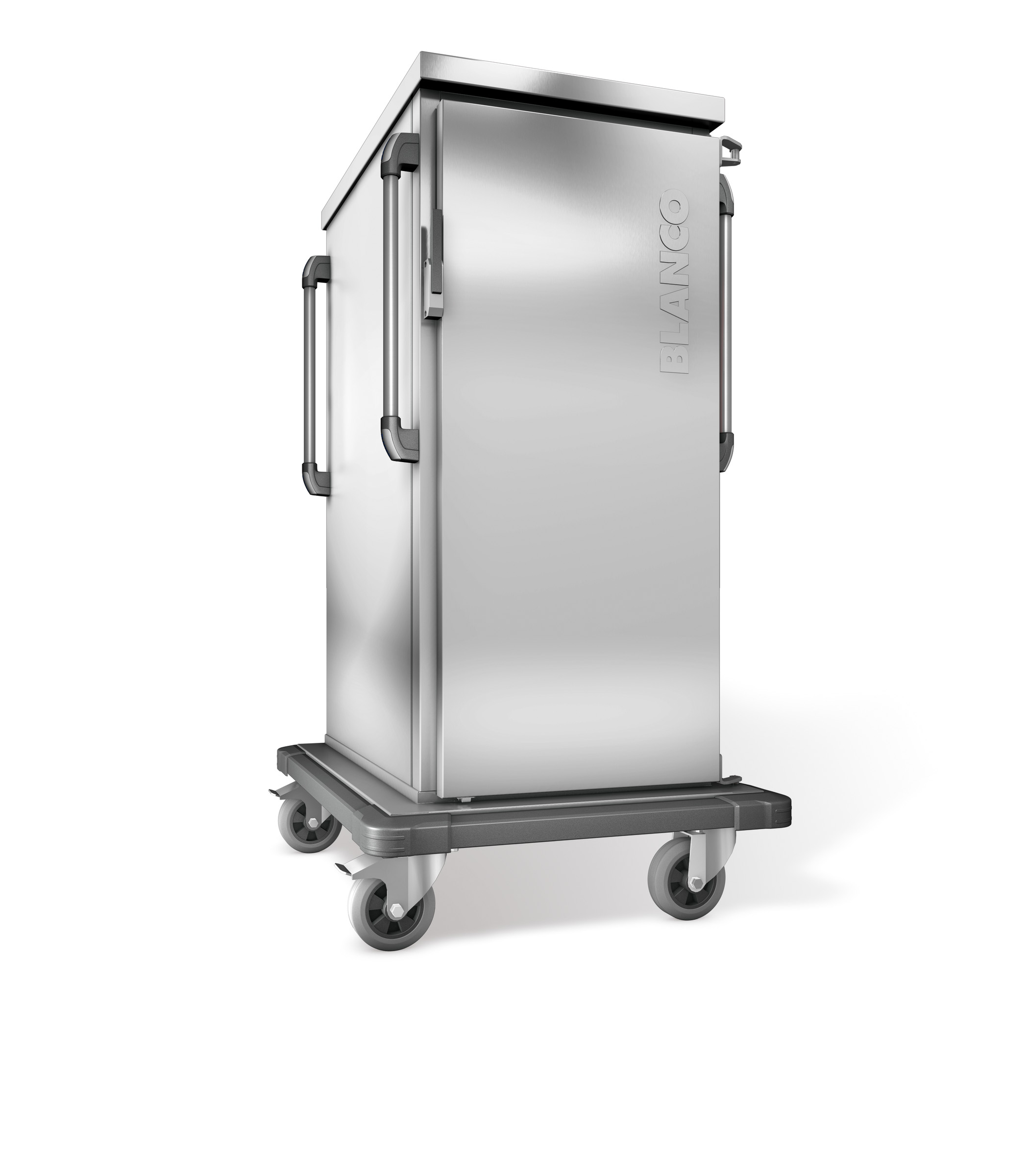 BLANCO Tablett-Transportwagen, doppelwandig, isoliert, 1 Flügeltür / 1 Schrankraum, 4 stahlverzinkte Rollen Ø 160 mm, 2 Bockrollen und