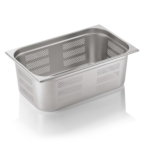 GN 1/1 Behälter, Boden- und Seitenlochung. Materialstärke 0,6 mm. Material: Chromnickelstahl. Serie: GN 71. Inhalt in Litern: