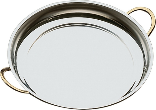 Servierpfanne Ø 40 cm, H: 5 cm, 4,5 Liter Edelstahl, 1 mm dick vergoldete Edelstahl-Griffe nicht spülmaschinengeeignet