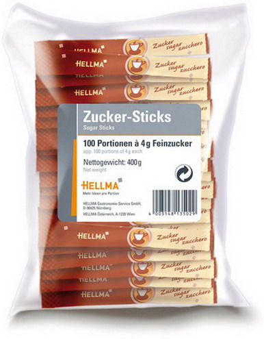 ZUCKERSTICKS von Hellma, Inhalt: 100 Stück à 4 g je Klarsichtbeutel.