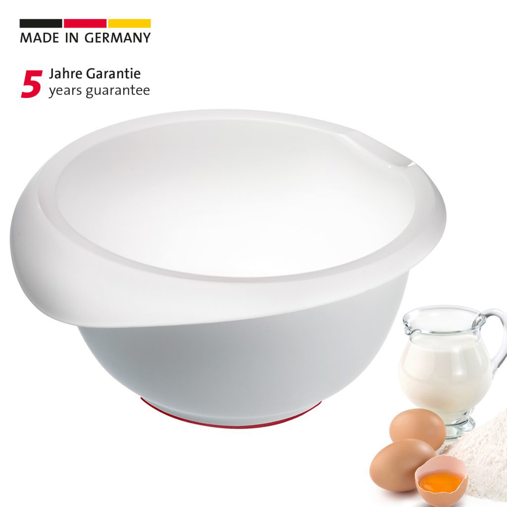 Westmark Rührschüssel, Inhalt: 2,5 ltr., ohne Deckel, Farbe: weiß, mit Ausgießer, aus Polypropyle mit rotem Gummiring im Boden.