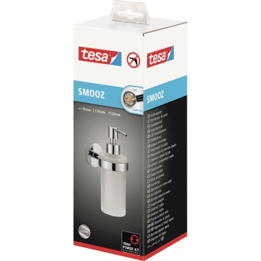 tesa® Seifenspender SMOOZ 7 x 17 x 12,6 cm (B x H x T) 0,2l inkl. Klebelösung Metall/Glas chrom/weiß