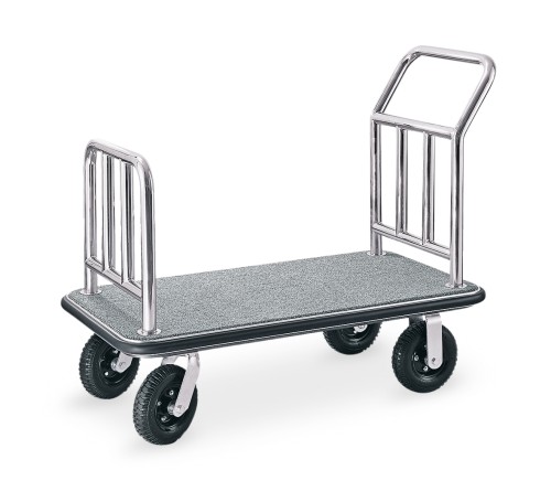 Gepäckwagen. silberfarben. Edelstahl. 2 schwenkbare Rollen Ø 15 cm mit Feststeller und 2