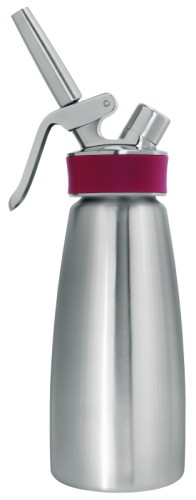 Sahnespender , einwandig, seidenmatt poliert ganz aus Edelstahl 18/10, mit drei auswechselbaren Garniertüllen aus hochwertigem