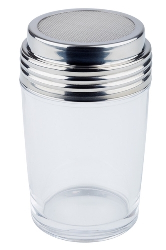 Netzstreuer Ø 6,5 cm, H: 12 cm Glas, 200 ml Deckel aus 18/8 Edelstahl mit Schraubverschluss spülmaschinengeeignet zerbrechlich