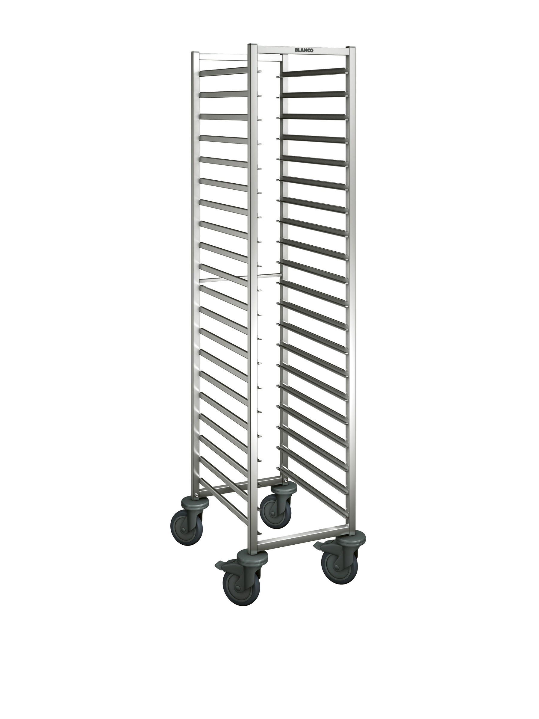 BLANCO Regalwagen aus rostfreiem Edelstahl mit Kunststoffrollen, Auflagenpaare: 20 Paar, Auflagenabstand: 75 mm, Kapazität: 20 GN 1/1 oder