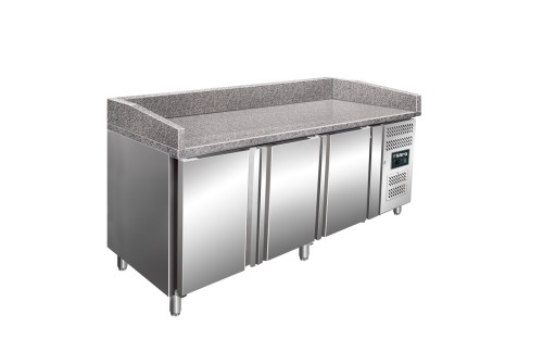 SARO Pizzatisch Modell PZ 3600 TN - Material: (Gehäuse und Innenraum) Edelstahl; (Arbeitsfläche mit Aufkantung) Granit - 3 Türen,