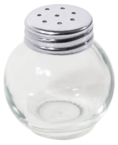 Mini-Streuer, rund für Salz oder Pfeffer, aus Pressglas, Kappe aus Edelstahl 18/0 Maximaler Glasdurchmesser: 3,5 cm, Höhe: 4 cm