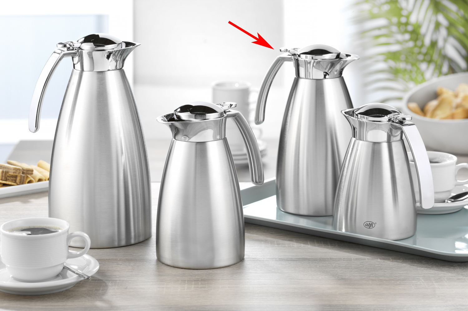 Isolierkanne Alfi GUSTO TT, Inhalt: 1,0 Liter, Höhe: 210 mm, Durchmesser (Öffnung): 47 mm, aus mattiertem Edelstahl, Einhandbedienung,