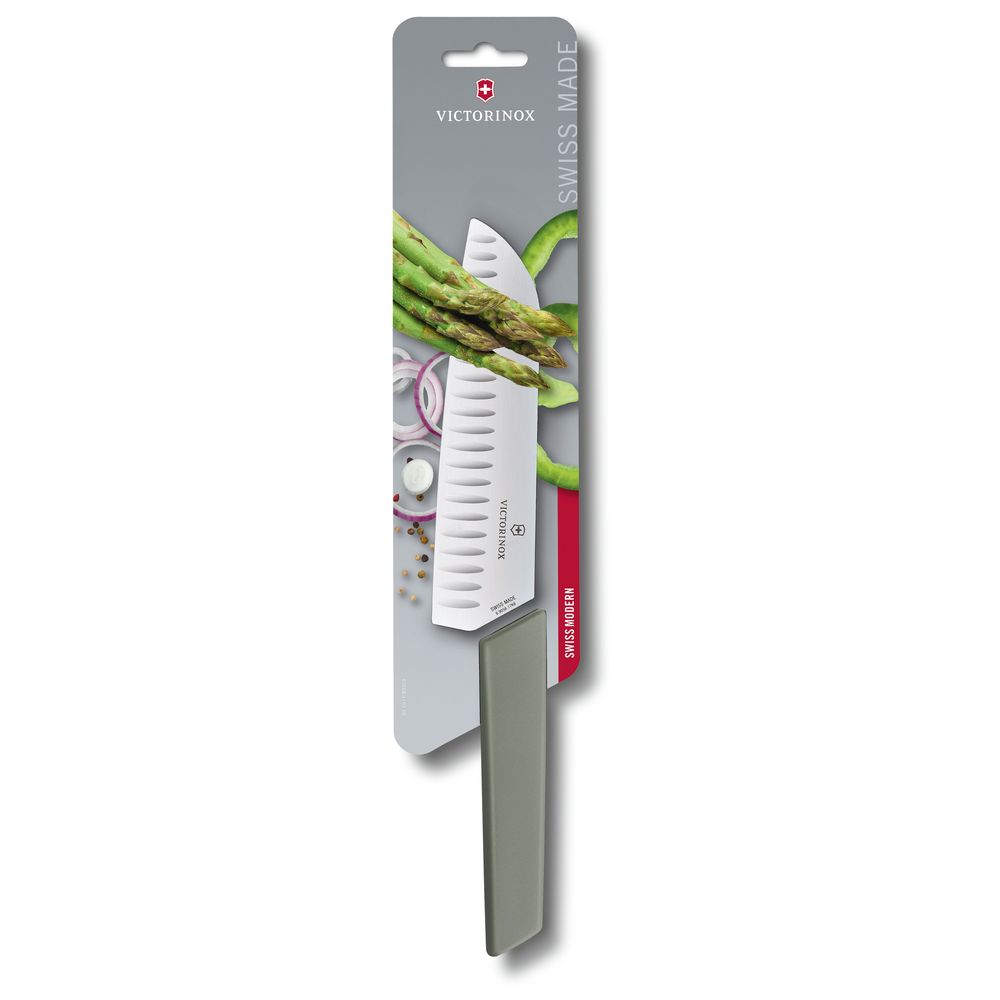 Victorinox Swiss Modern Santokumesser, Kullenschliff, 17cm, olive, Blister