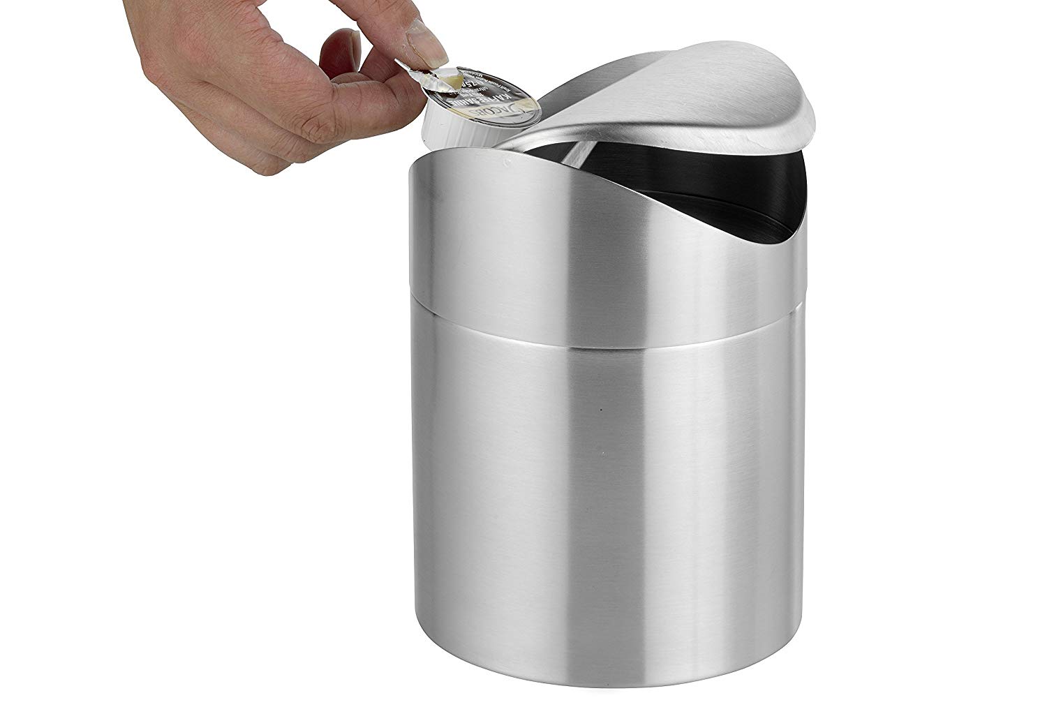 Tischabfallbehälter SWING mit Schwingdeckel, Material: Edelstahl 18/10, matt und gebürstet, Höhe: 165 mm, Durchmesser: 120 mm,