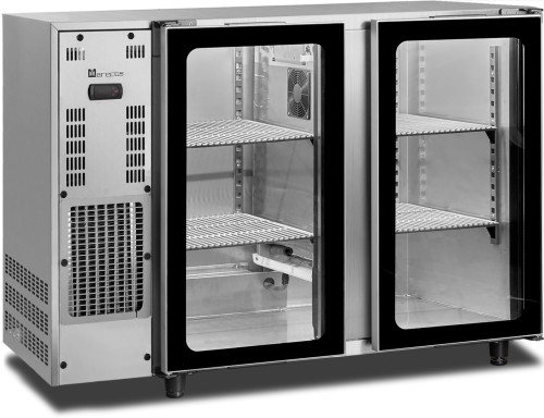 SARO Backbarcooler mit 2 Glastüren, Modell FGB 251-145 A PV Made in Europe - Material: (Gehäuse und Innenraum) Edelstahl; (Türrahmen)