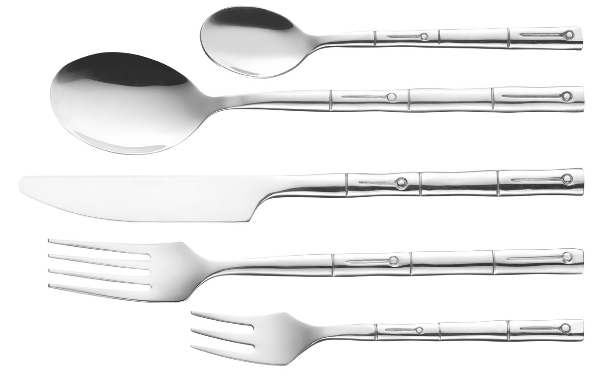 30-teiliges Besteckset SAIGON aus Edelstahl 18/10. Mit satinierten Ringen. Im asiatischen Stil ("Bambus"). Geschmiedete Qualität. Für 6 Personen.