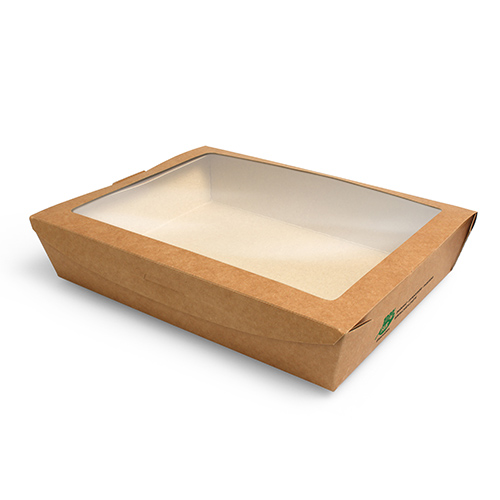 40 Feinkostboxen, Pappe mit Sichtfenster aus PLA "pure" eckig 1000 ml 4,5 cm x 18 cm x 13,5 cm braun "100% Fair" von PAPSTAR