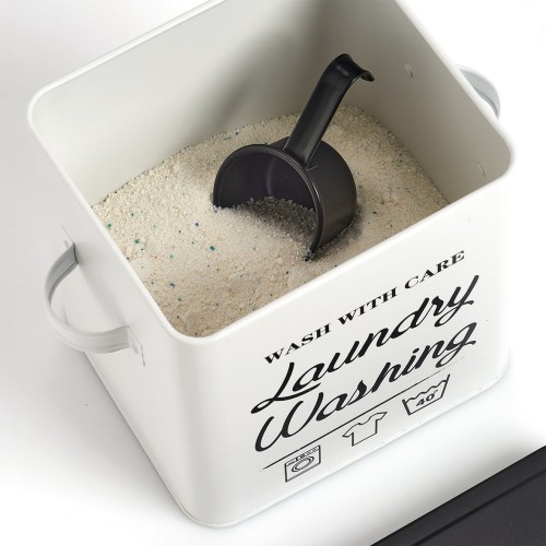 Waschpulver-Box "Laundry", Metall, weiß/schwarz. Länge: 250 mm. Breite: 155 mm. Höhe: 181 mm