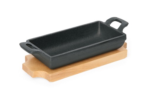 Mini Servierpfanne. Gusseisen. mit Holzuntersetzer.