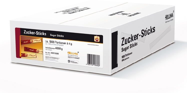 Hellma Zuckersticks, Inhalt: 1.000 Stück à 4 g je Karton. Mindesthaltbarkeit: ca. 14 Wochen.