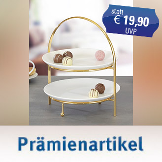 2-stufige Etagere MILO, Porzellan cremefarben, Ständer aus goldfarbenem Metall. Porzellanteller jeweils ca. 21 cm Durchmesser.