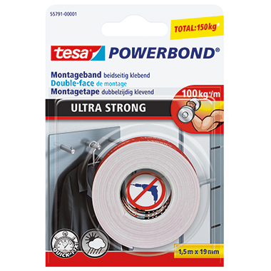 tesa® Montageklebeband Powerbond® Ultra Strong 19 mm x 1,5 m (B x L) 150kg beidseitig klebend