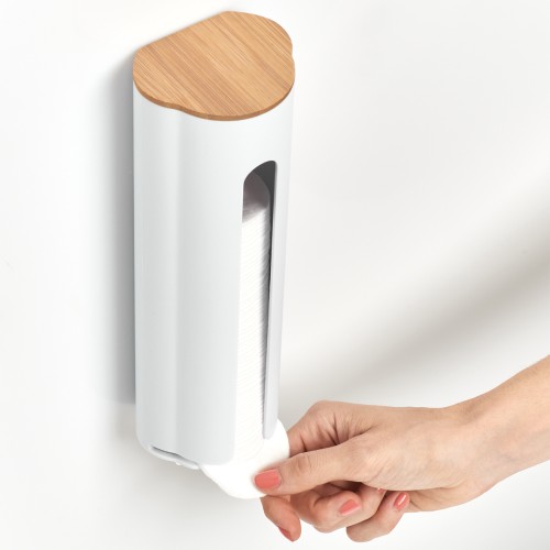 Wattepad-Spender, Kunststoff/Bambus, weiß. Länge: 80 mm. Breite: 65 mm. Höhe: 250 mm