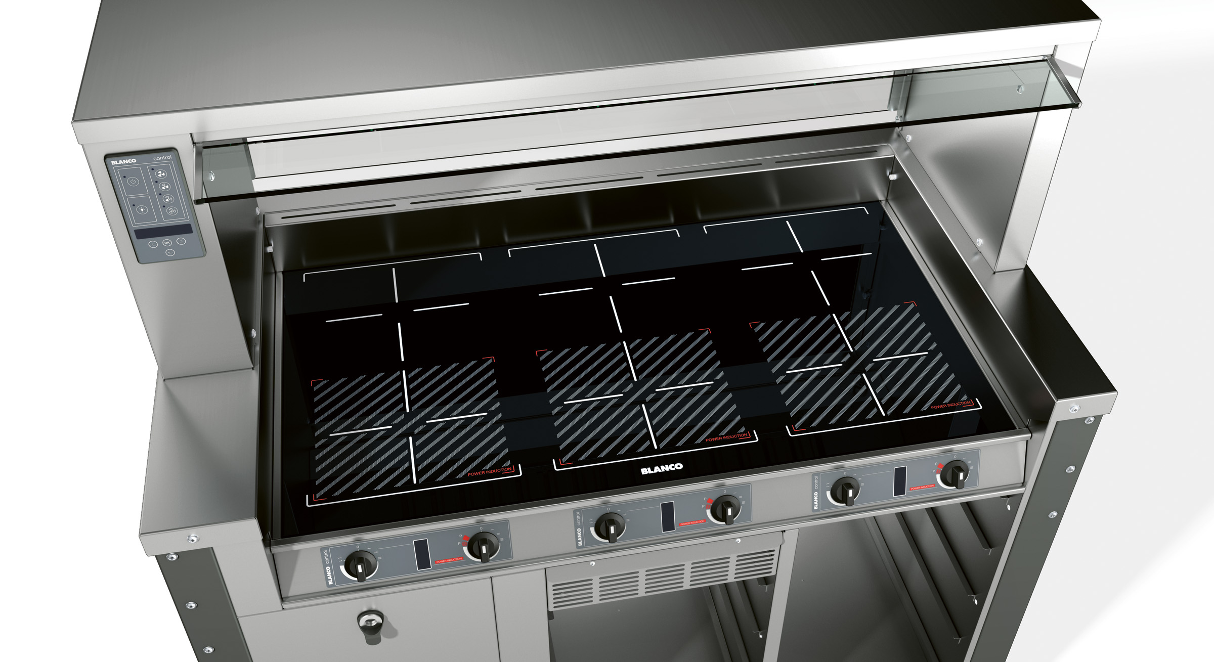 BLANCO Kochstation mit drei integrierten Induktionskochfeldern, (6 Kochzonen), fahrbar, Rollen ø 75 mm, 4 Lenk-Zwillingsrollen, davon 2