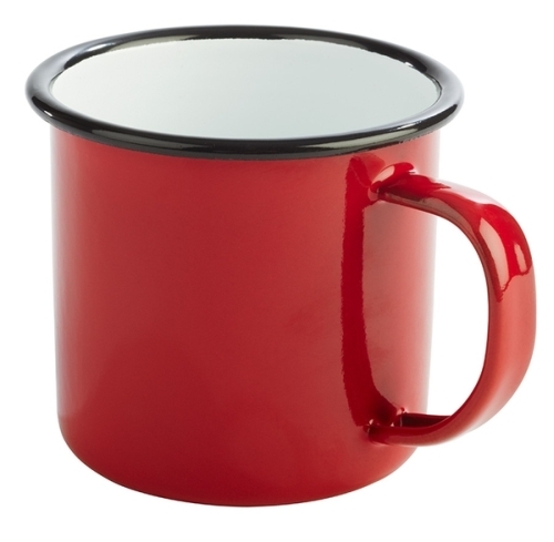 Henkelbecher -ENAMELWARE- Ø 9 cm, H: 8 cm, 0,35 Liter emailliertes Stahlblech innen: weiß außen: rot Rand: schwarz