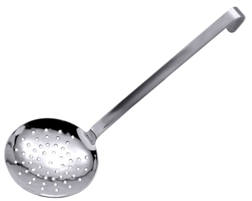 Schaumlöffel, fugenlos aus Edelstahl 18/10, hochglänzend, flache Form, mit kurzem Stiel, mit 4 mm Lochung, extra schwere Qualität