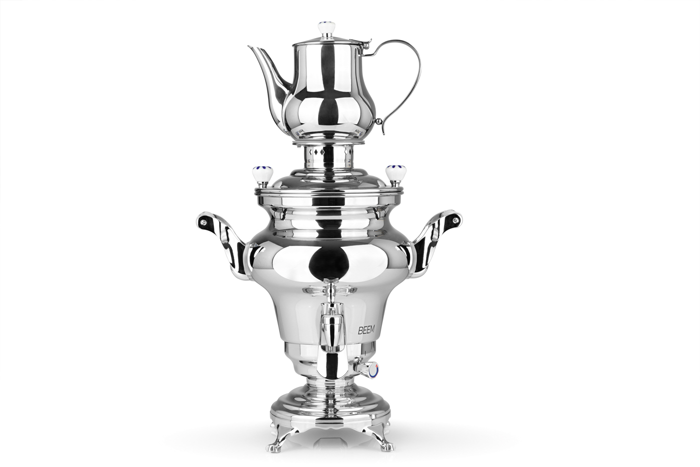 Samowar Beem Rebecca, 5 ltr., Edelstahl Mit 1,3 ltr. Teekanne und Teesieb, 2 Heizspiralen á 1.300 W & 500 W, Kabellänge 100 cm