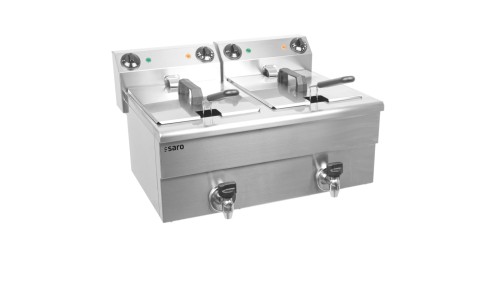 SARO Fritteuse Modell FE 102 Made in Europe - Material: Edelstahl - Abgerundetes Becken mit Kältezone - Mit Ablasshahn - Stufenlose