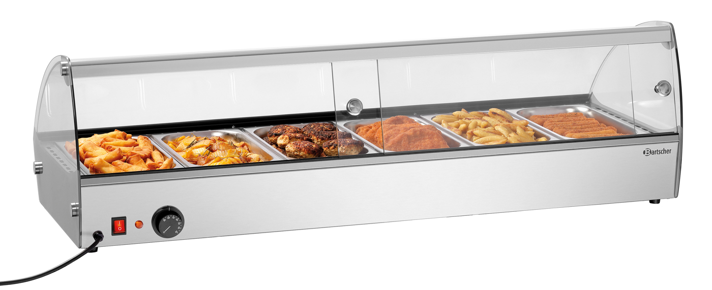 Bartscher Heiße Aufsatzvitrine R6 6 x 1/3 GN |Temperaturbereich von: 30 °C | Maße: 113,5 x 42 x33,5 cm. Gewicht: 24,7 kg