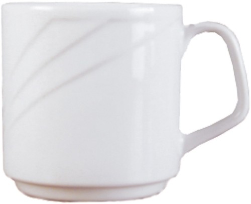 Arcadia Henkelbecher, stapelbar, 30cl, aus weißem Porzellan, von caterado. Höhe: 8,5 cm - Made in Europe.