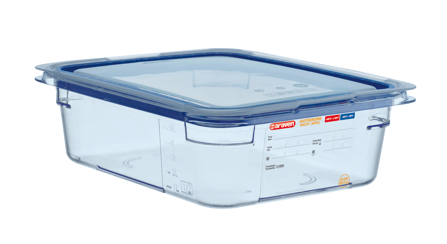 ARAVEN luftdichter Behälter GN 1/2 100mm Höhe und 4,85 Liter Fassungsvermögen, BPA-frei