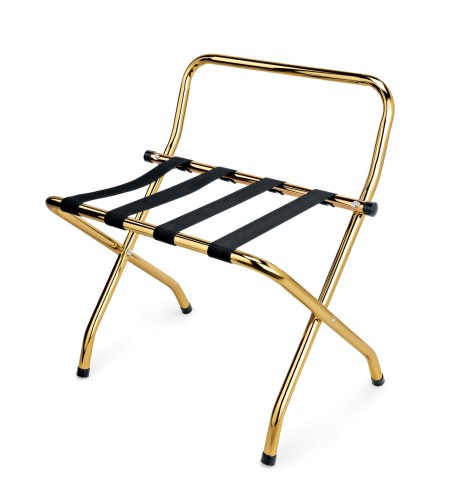 Gepäckablage. vermessingt. mit Wandschutz und schwarzem Nylonband, zusammenklappbar.