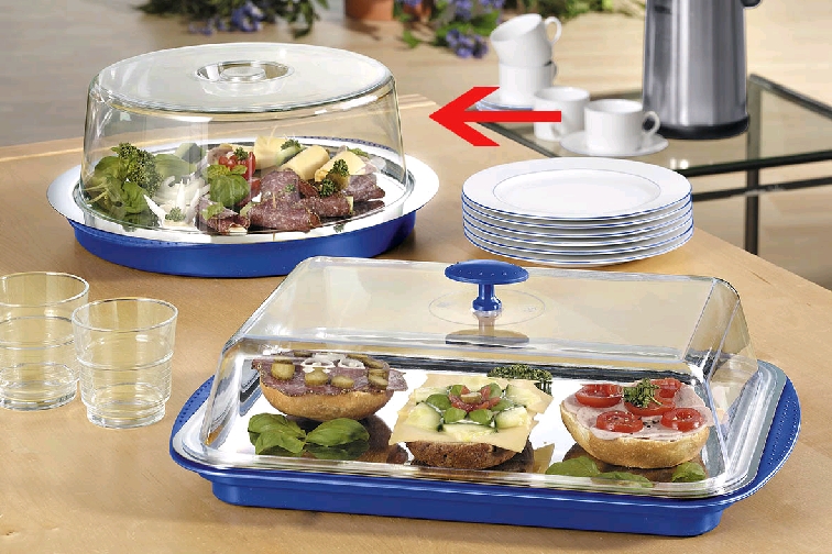 Buffet Kühlplatte COOL in rund, mit Abdeckaube in transparent und Trägerschale in blau. Durchmesser: 350 mm, Höhe: 150 mm