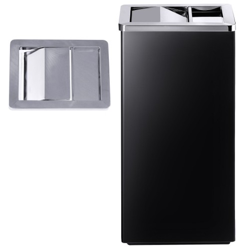 Ascher aus matt schwarz lackiertem Stahlblech, Klappe und Becher oben aus Edelstahl, kurzer verzinkter Innenbehälter Höhe: 61 cm,