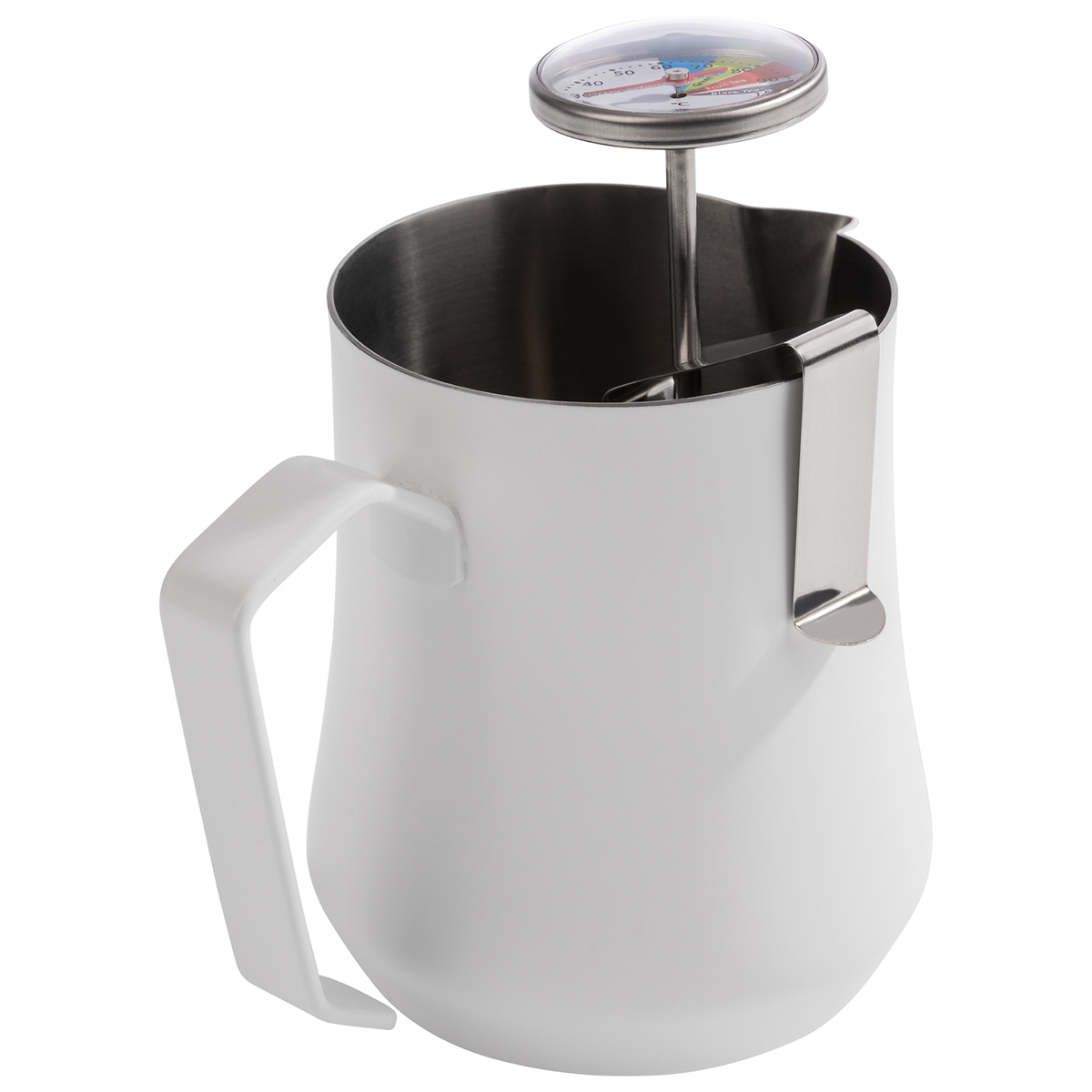 Thermometer für Milchkännchen, Ø 4 cm, L: 13,5 cm, 18/8 Edelstahl, Glas, mit Clip, höhenverstellbar, Temperaturbereich, 20°C bis