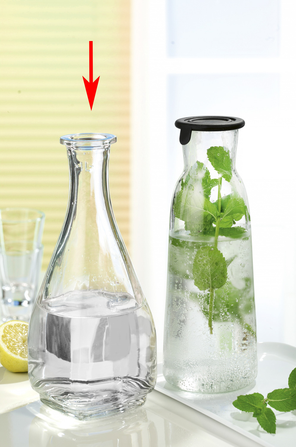 Karaffe CARAFON CARREÉ, Inhalt: 1,0 Liter, Höhe: 255 mm, Durchmesser: 120 mm, Füllstrich bei 1,0 Liter.