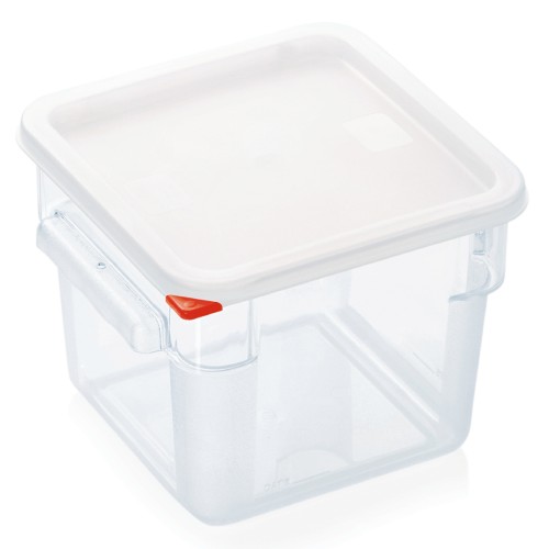 HACCP Vorratsbehälter, mit farbigen HACCP Clips, mit Skalierung und Griffen. Material: Polycarbonat, Polyethylen. Inhalt in Litern: 8.