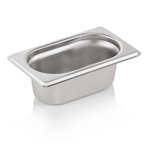 GN 1/9 Behälter, Materialstärke 0,6 mm. Material: Chromnickelstahl. Serie: GN 70. Inhalt in Litern: 0,6. Maße: Höhe: 65 mm