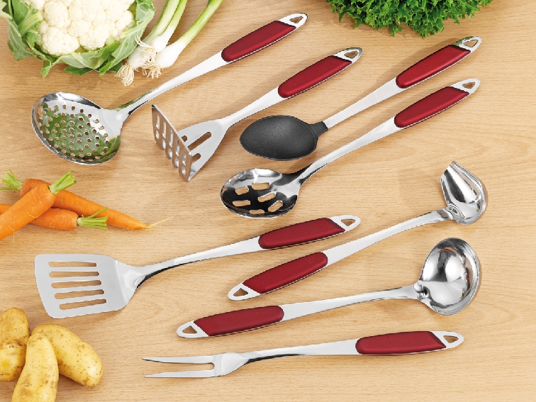 Kartoffelstampfer TOLEDO, bordeaux-rot, Edelstahl 18/0, 2,5 mm dick, hochglanzpoliert, mit Kunststoff-Griffschalen, auf Hängekarte